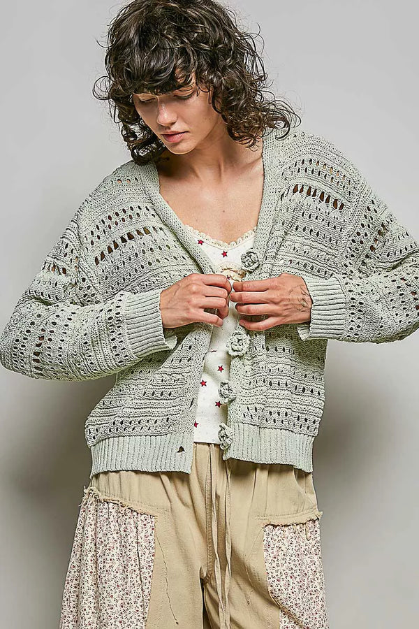 POL Open-Knit Floral Button Cardigan