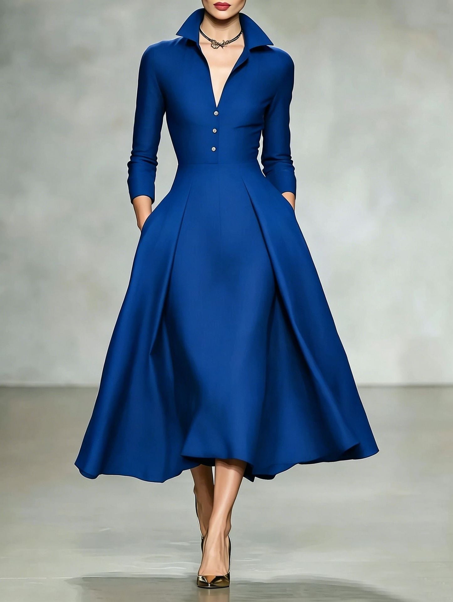 V-Neck Waist-Cinching Long Sleeve Midi Dress