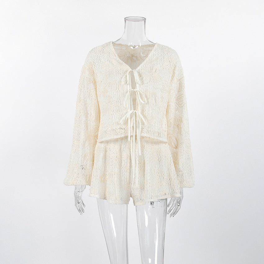 V-Neck Long Sleeve Lace-Up Top & Shorts Two-Piece Set