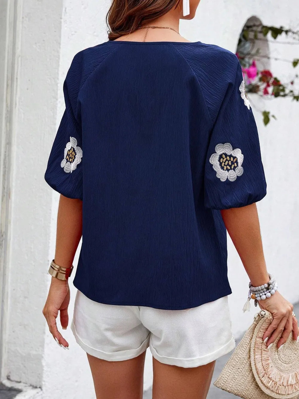 V-Neck Solid Color Loose Long Sleeve Top – Embroidered Tie Detail