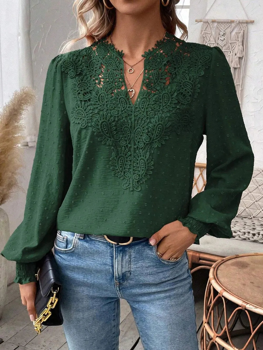 Swiss Dot Lace Detail Notched Long Sleeve Blouse – Feminine Style