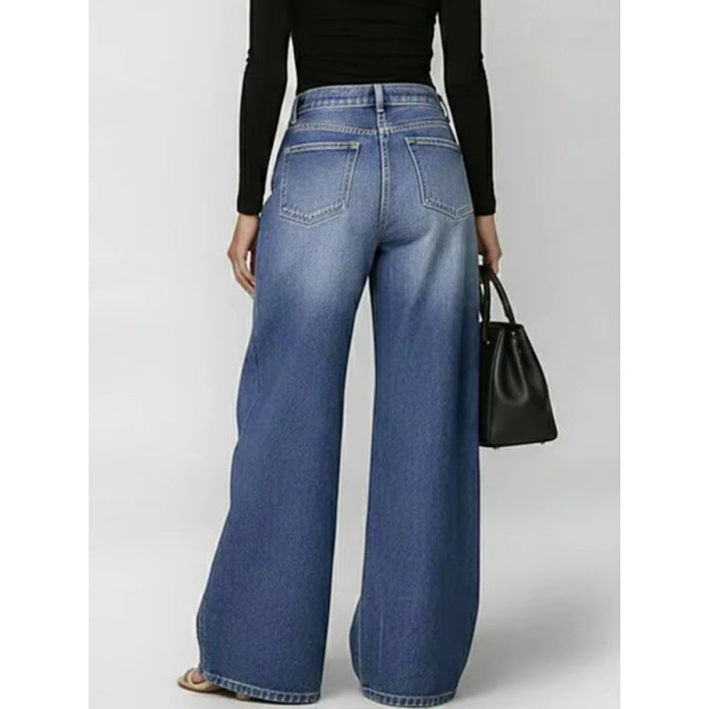 Women's Metal Eyelet High Waist Loose Wide-Leg Jeans – Light Blue, Black, Dark Blue