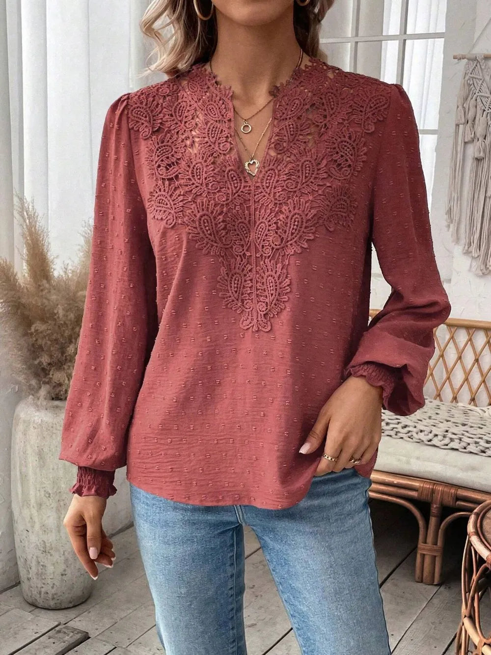 Swiss Dot Lace Detail Notched Long Sleeve Blouse – Feminine Style