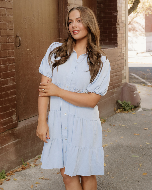 Mimi Button Up Short Puff Sleeve Tiered Shift Dress