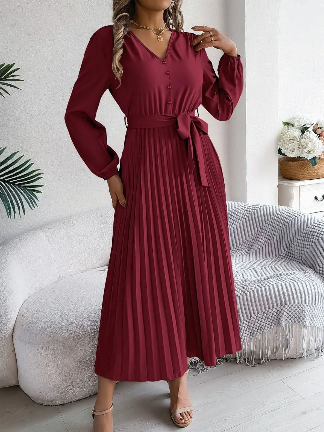 Trendsi V-Neck Dress Women's Elegant Long Sleeve Sheer Tie Dress Fashion