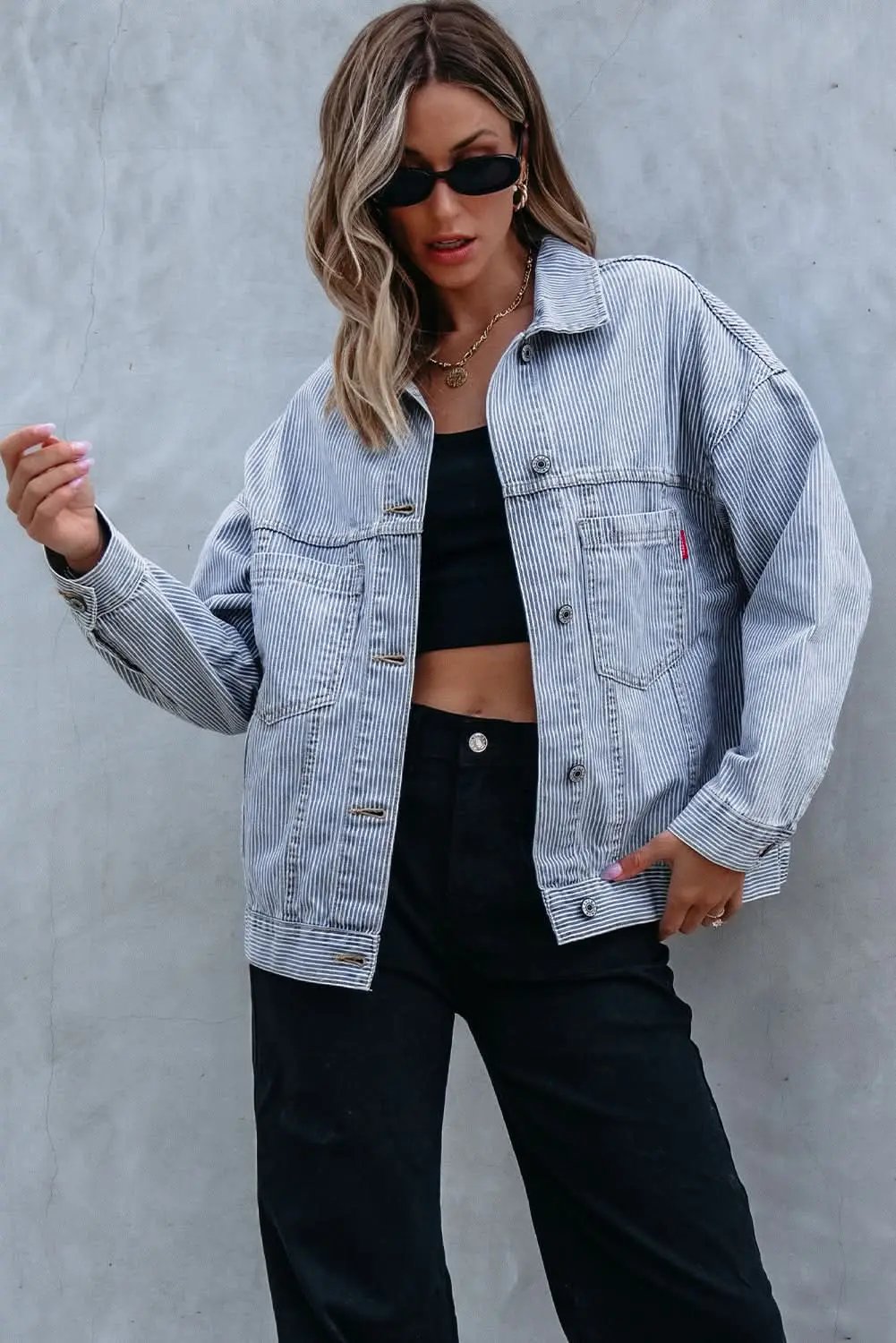 Love Salve Sky Blue Denim Jacket Women's Casual Oversized Pocketed Vintage