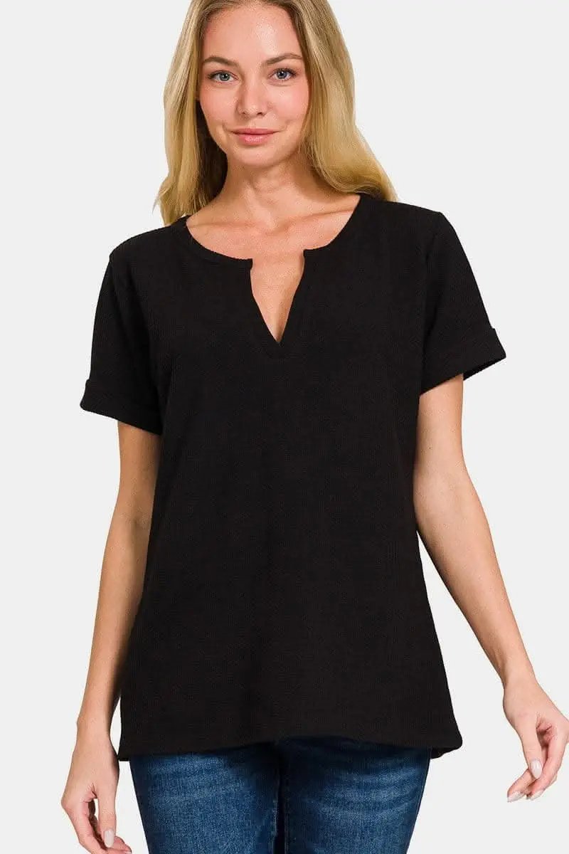 Short Sleeve Tee - Notched Neck - Chic & Versatile Style