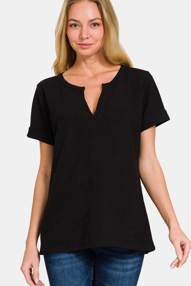 Short Sleeve Tee - Notched Neck - Chic & Versatile Style