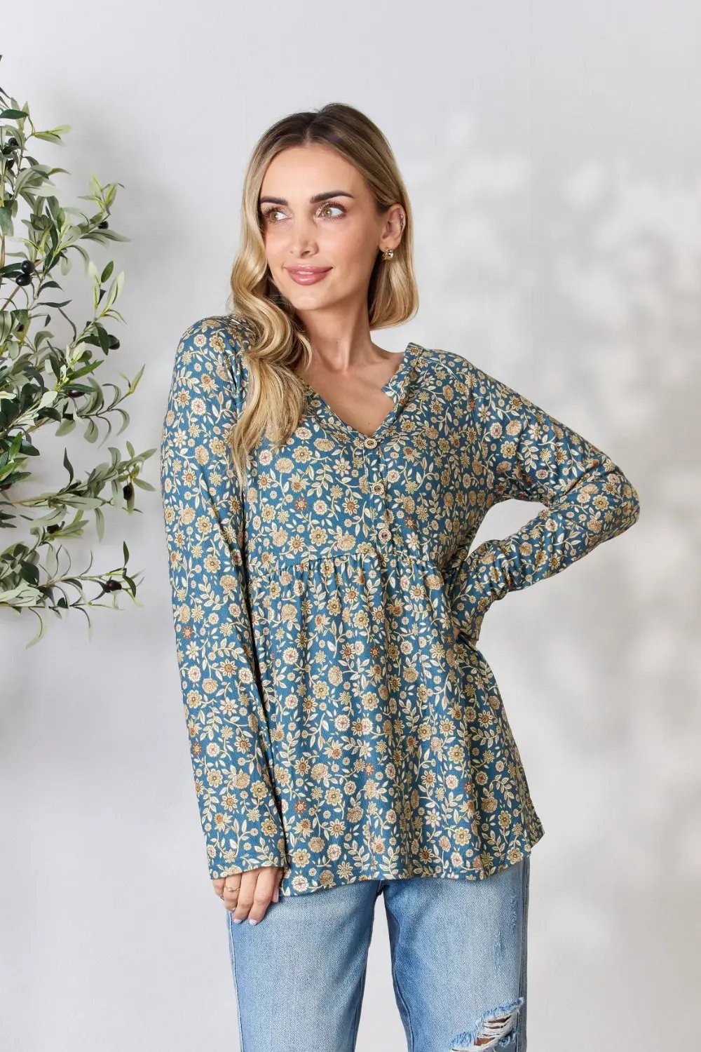 Trendsi Heimish floral half-button blouse