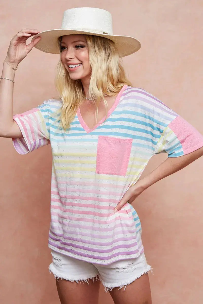 Women's Tee - Rainbow Stripe - Casual Knit Top