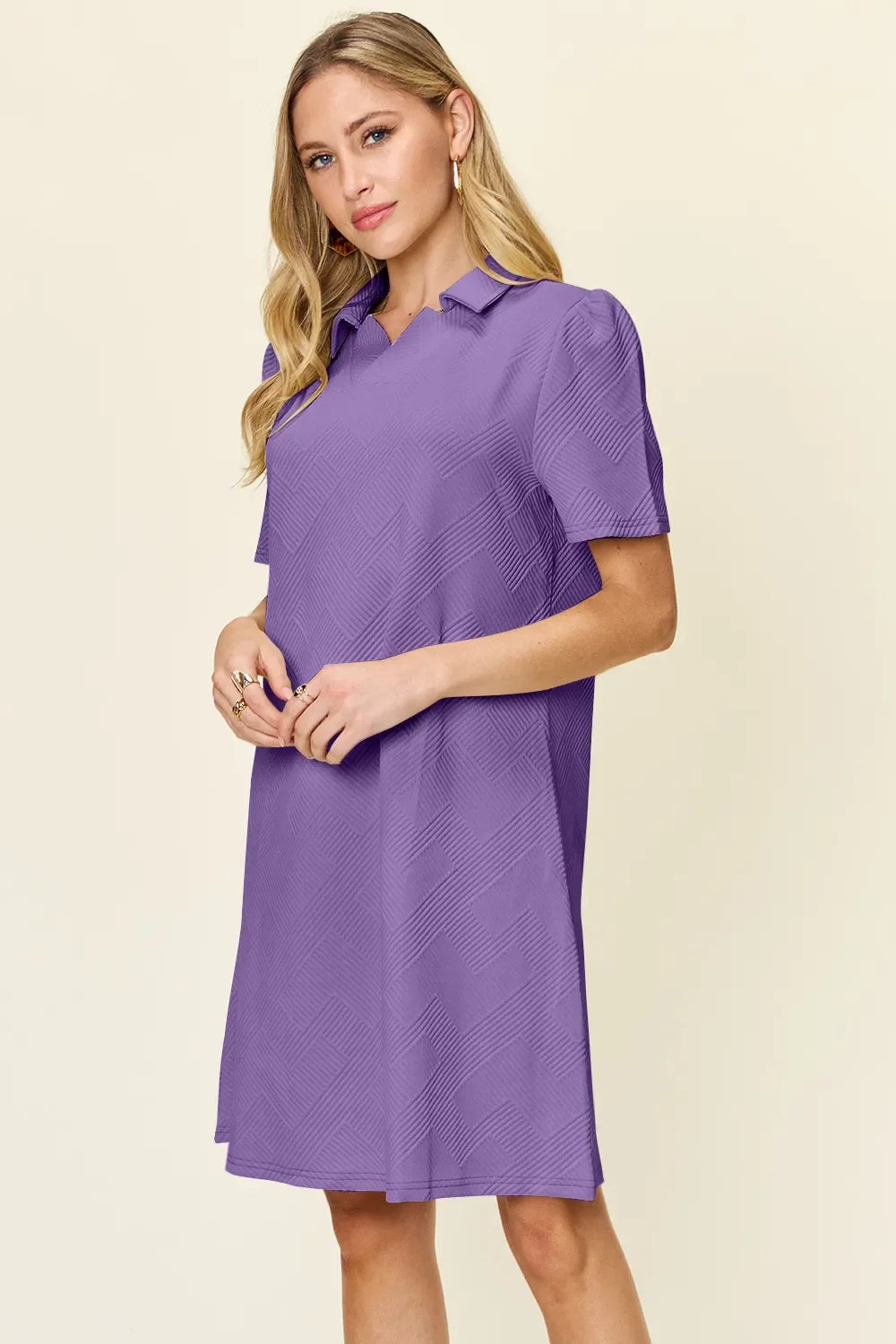 Double Take Textured Collared Short Sleeve Dress