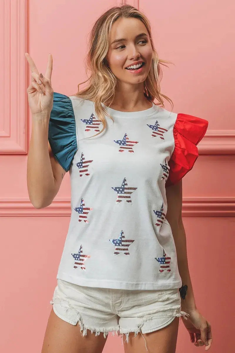 Women's T-Shirt - American Flag Sequin - Sparkly Patriotic Style