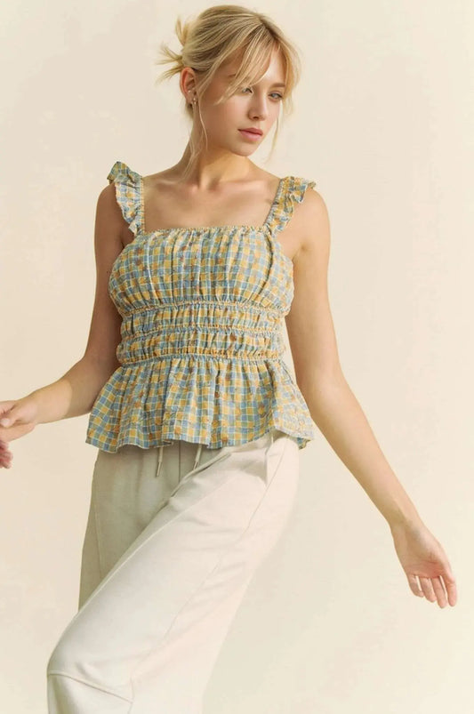 Tank Top - Plaid Smocked Ruffle Strap - Cute