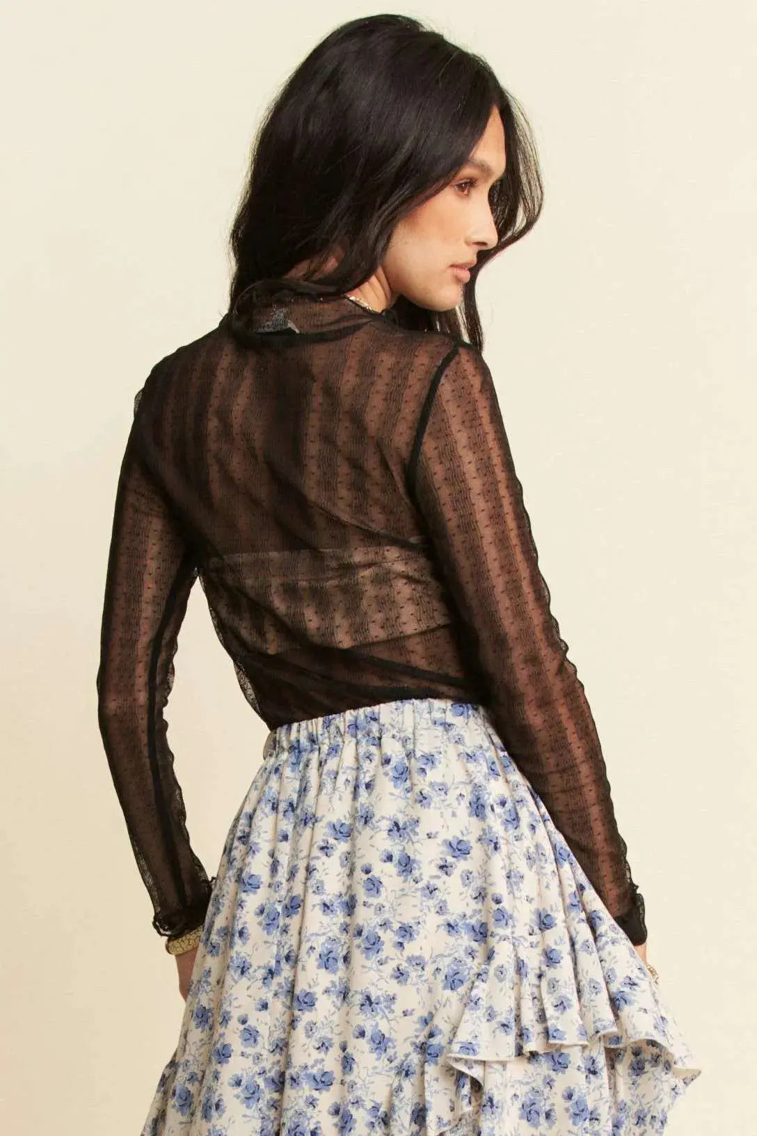 Mesh Top - Sheer Dotted Lace Turtle Neck - Stretchy & Stylish