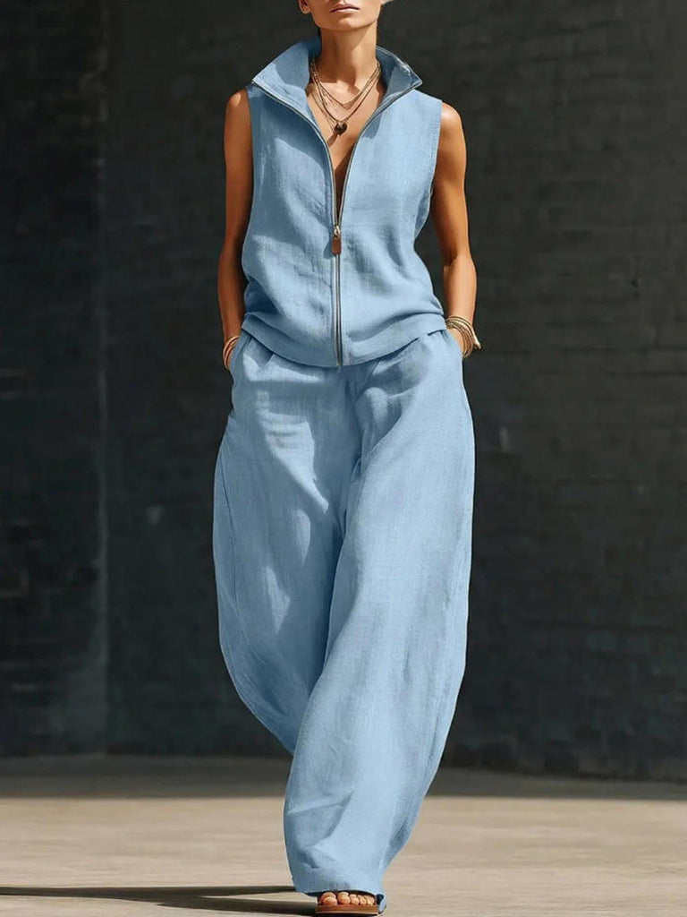 Women's Sleeveless Zippered Linen Two-Piece Set