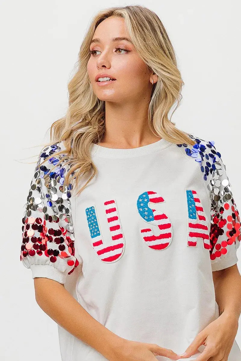 Women's Tee - Sequin American Flag - Patriotic USA Made
