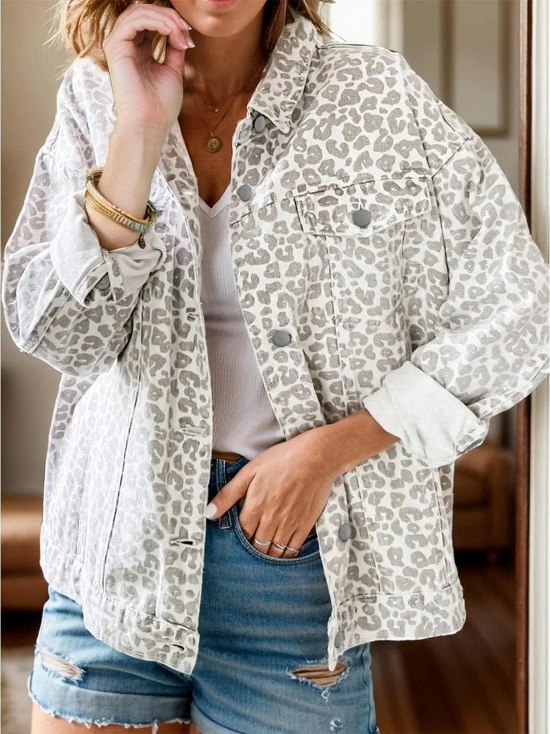 Trendsi Leopard Print Denim Jacket