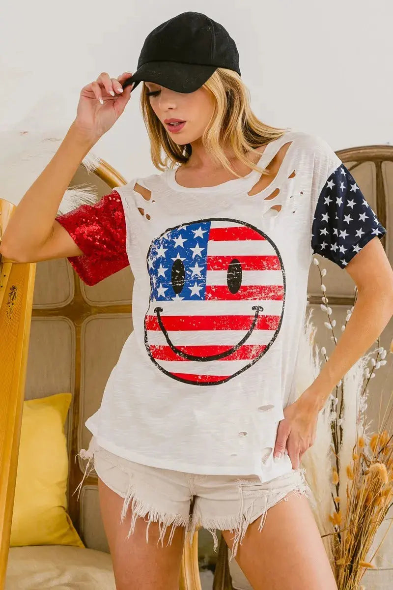 Women's Tee - Laser Cut Smile Face - Patriotic Graphic T-Shirt