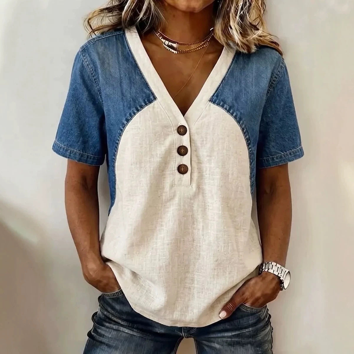 Women's Loose Denim Patchwork Color-Block T-Shirt