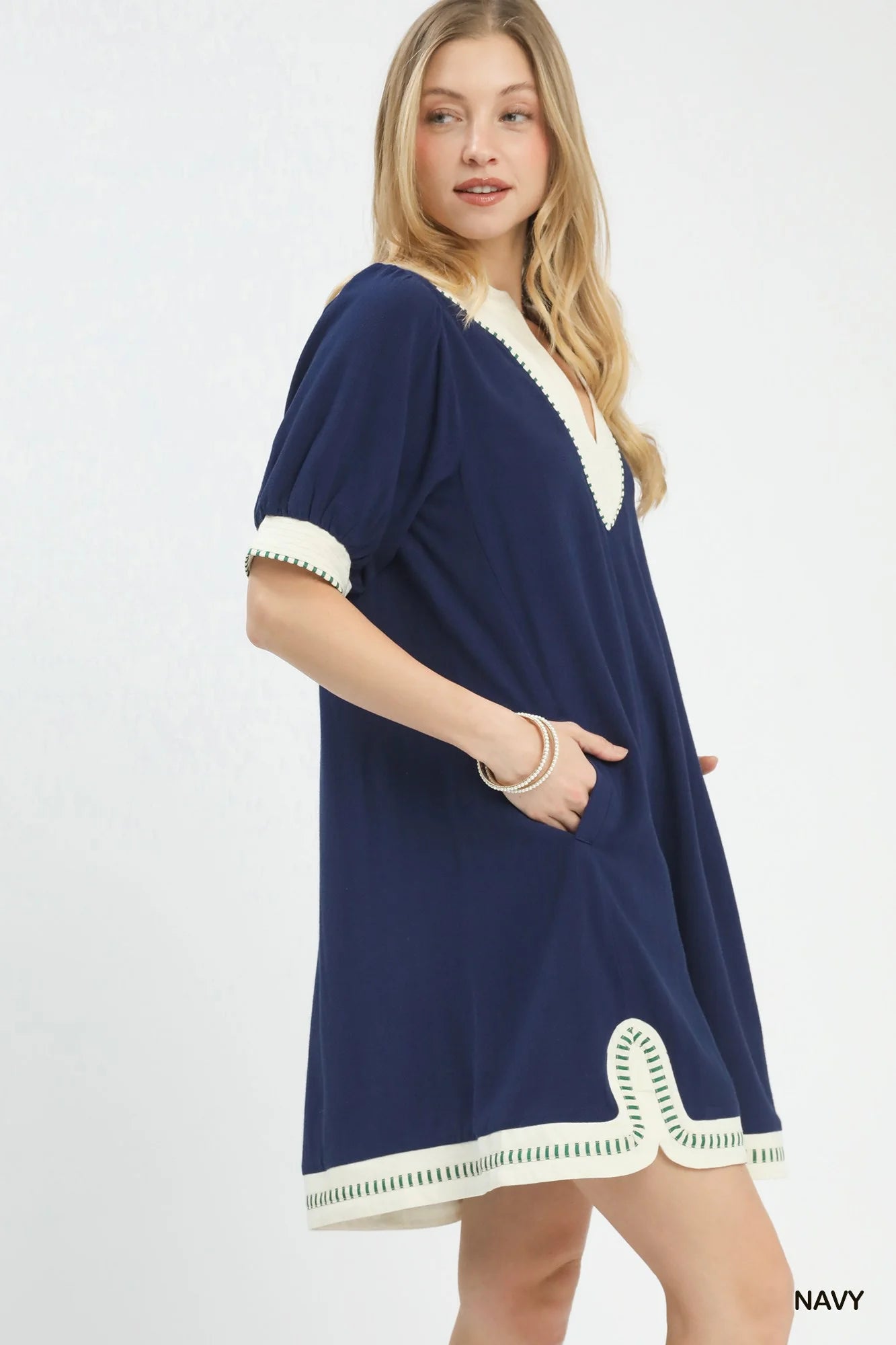Umgee Linen Contrast Trim Midi Dress in Navy