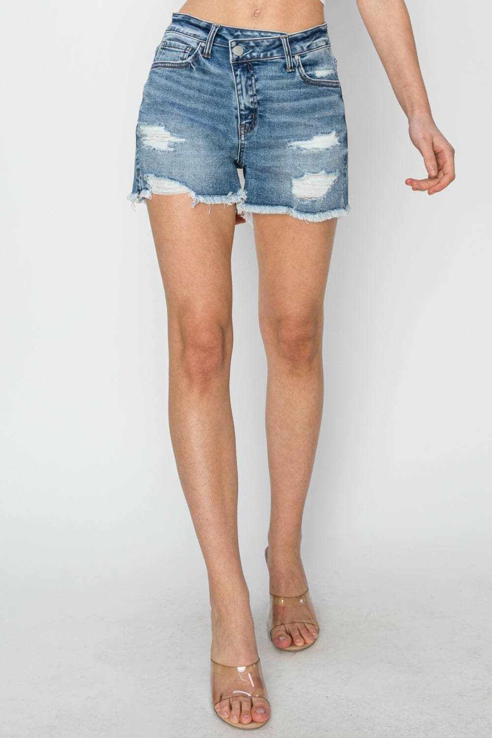 Trendsi Risen Denim Shorts Women's Casual Frayed Hem Stepped Waist