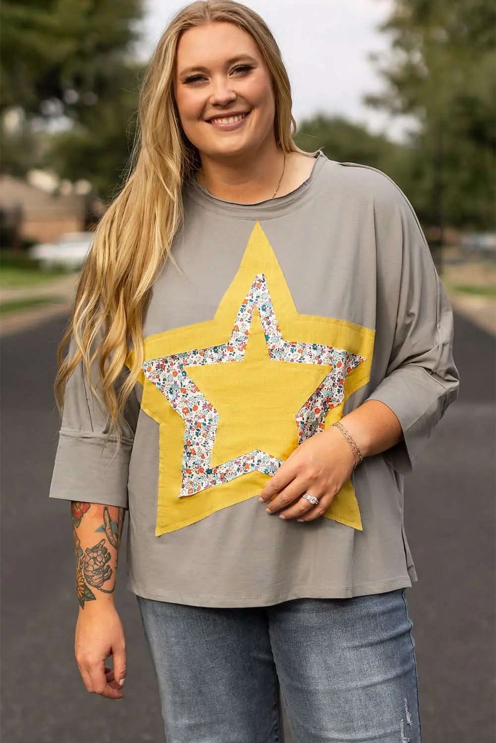 Love Salve Grey Floral Star Plus Size Women's Top: Western Style, Fall Fashion
