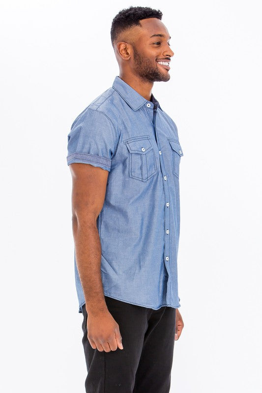 Weiv Men's Casual Short Sleeve Two Tone Shirts - Denim