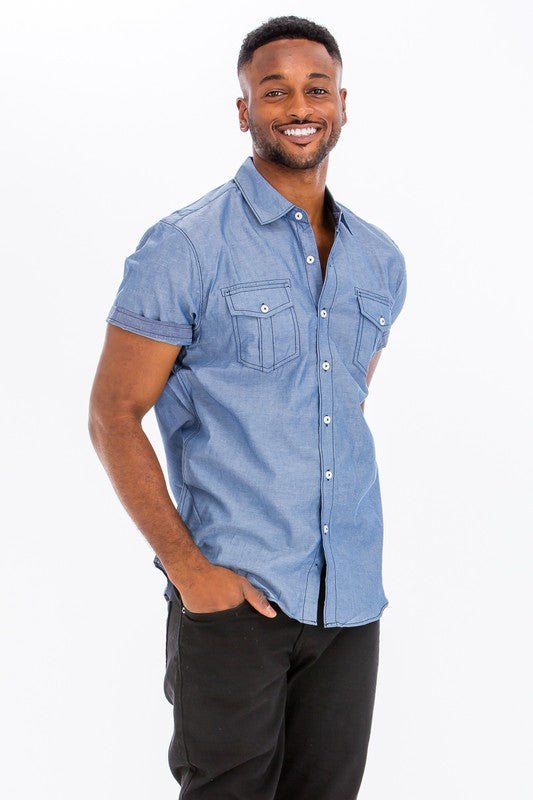 Weiv Men's Casual Short Sleeve Two Tone Shirts - Denim