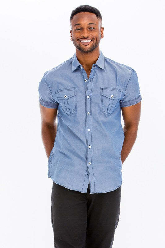 Weiv Men's Casual Short Sleeve Two Tone Shirts - Denim