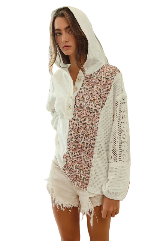Slob Jersey with Lace Combo Buttoned Hoodie Top