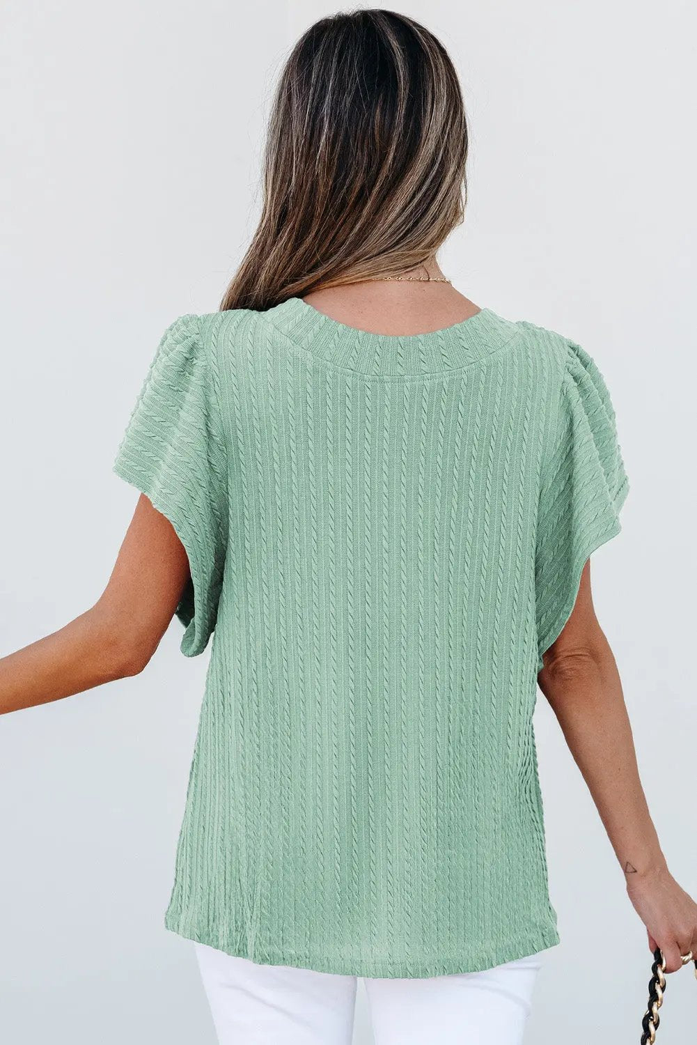 Love Salve Green Textured Top Women's Daily Wear Flutter Sleeve Blouse - Summer Ready