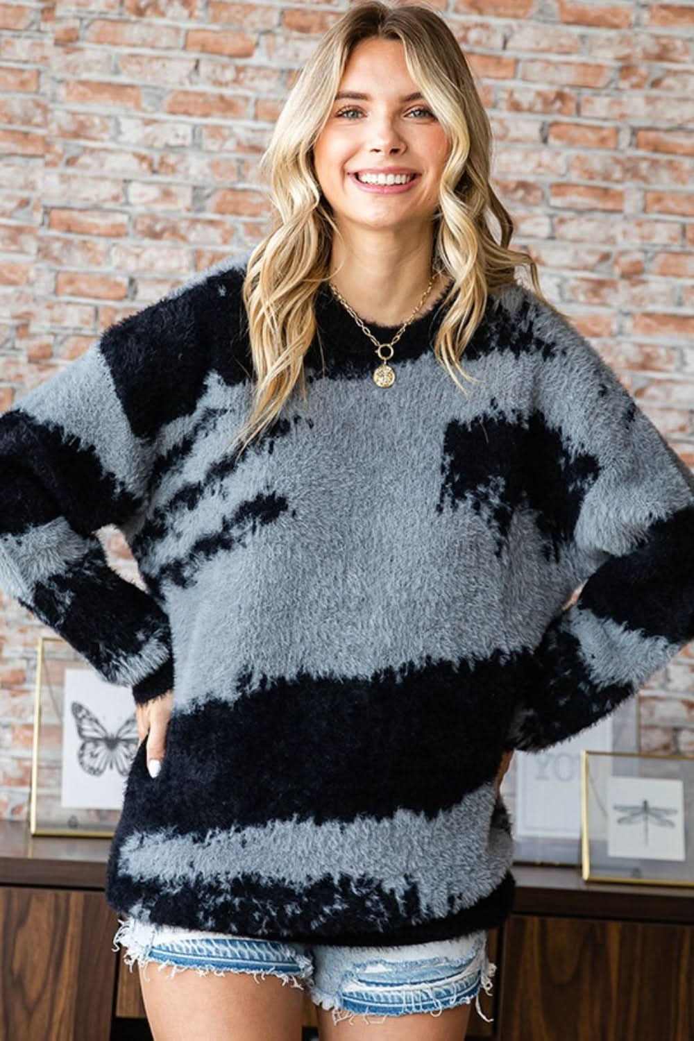 Trendsi Feather Yarn Sweater Women's Fall/Winter Cozy Warm Knit Top