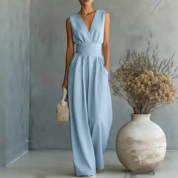 Women's Elegant V-Neck Sleeveless Jumpsuit – Waist-Cinching Straight Leg