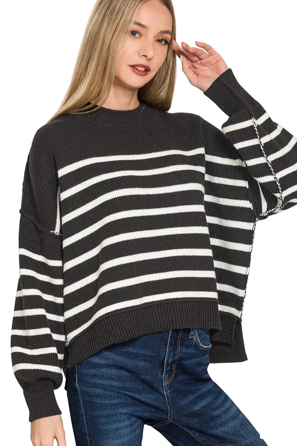 Exposed Seam Striped Oversized Sweater