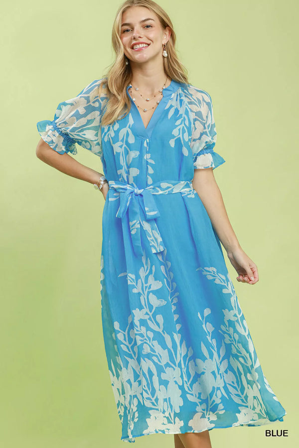 Umgee Floral Print Tie Waist Midi Dress with Side Pockets in Blue