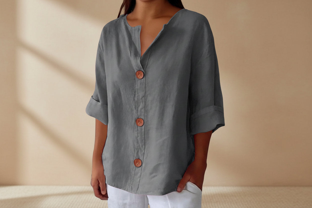 Women's V-Neck Cotton Linen Buttoned Blouse
