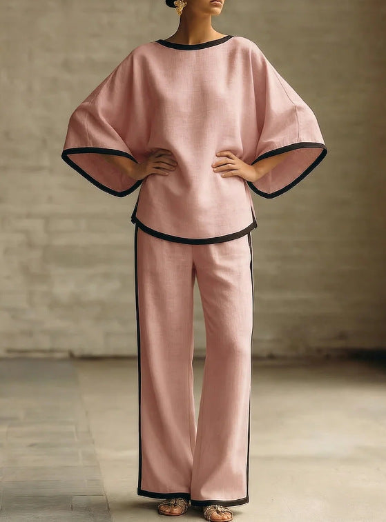 Loose Bat Sleeve Two-Piece Set – Round Neck Top & Wide Leg Pants
