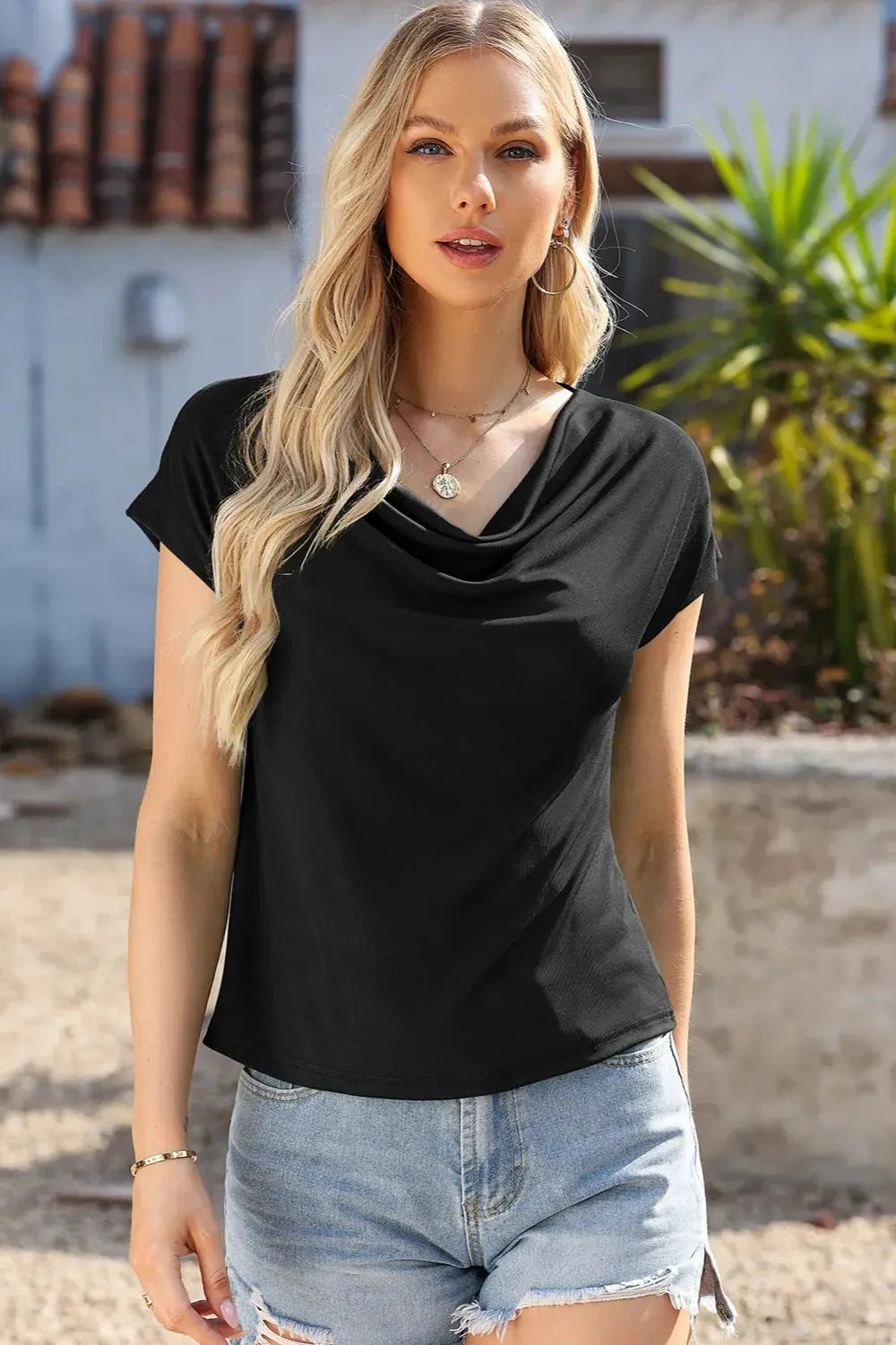 Women's Tee - Cowl Neck Short Sleeve - Casual Basic Top