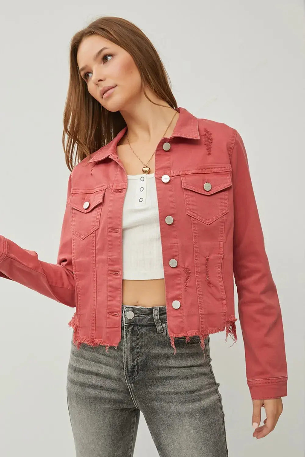 Denim Jacket - Plus Size Cropped Raw Hem - Button Up Top