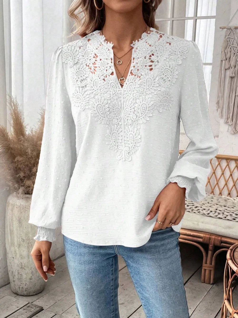 Swiss Dot Lace Detail Notched Long Sleeve Blouse – Feminine Style