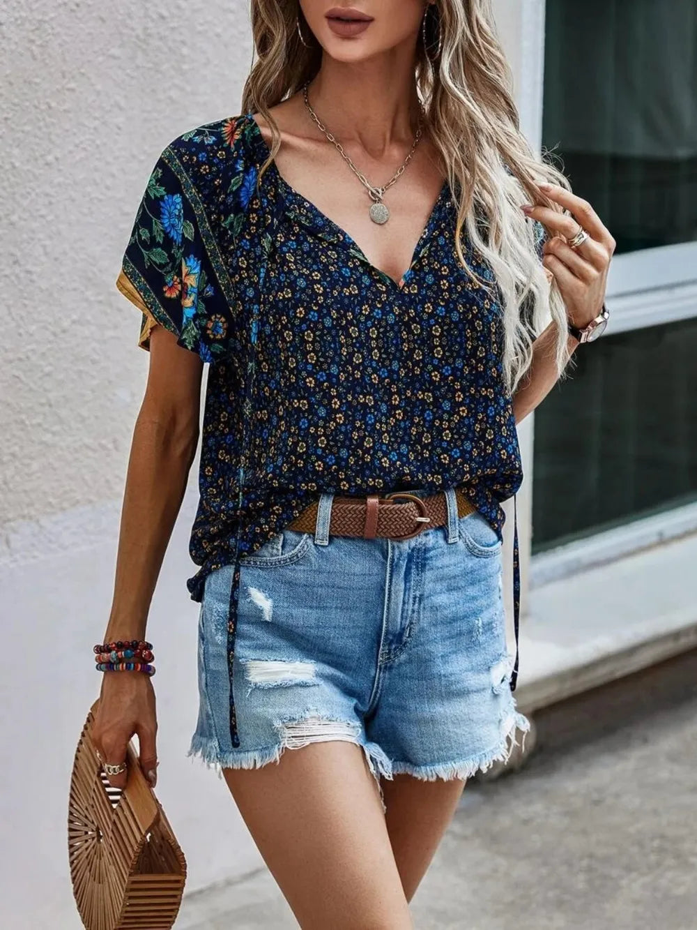 Printed Tie Neck Short Sleeve Blouse – Feminine Everyday Style