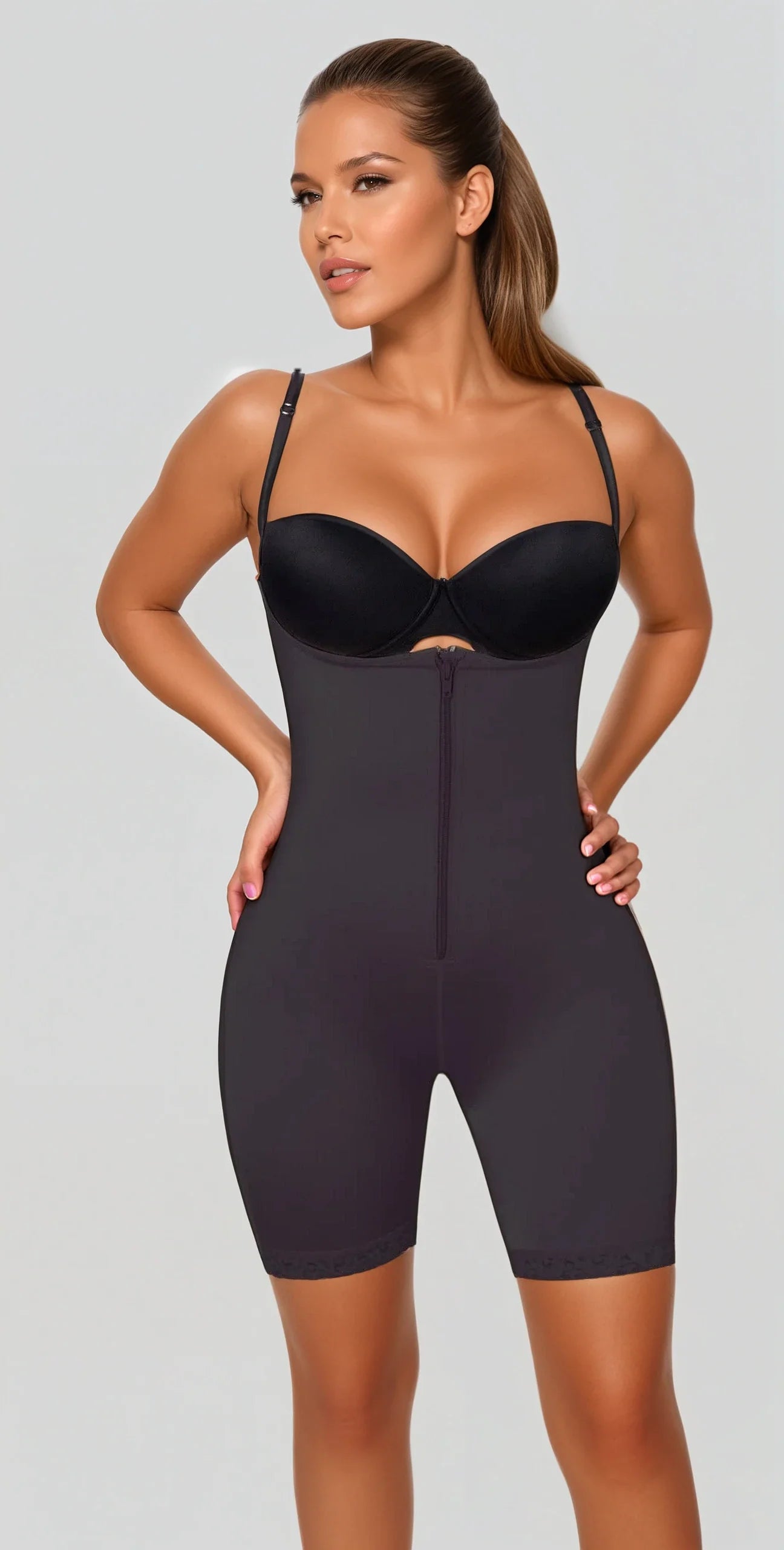 Open Bust Full Body Suit MIid-Thigh w/Front Zipper & Lace