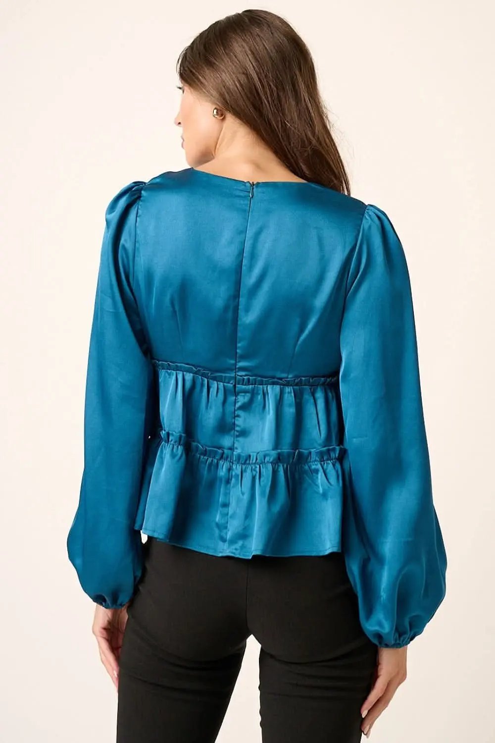Satin Blouse - V-Neck Ruffled Tier - Elegant Office & Date Top