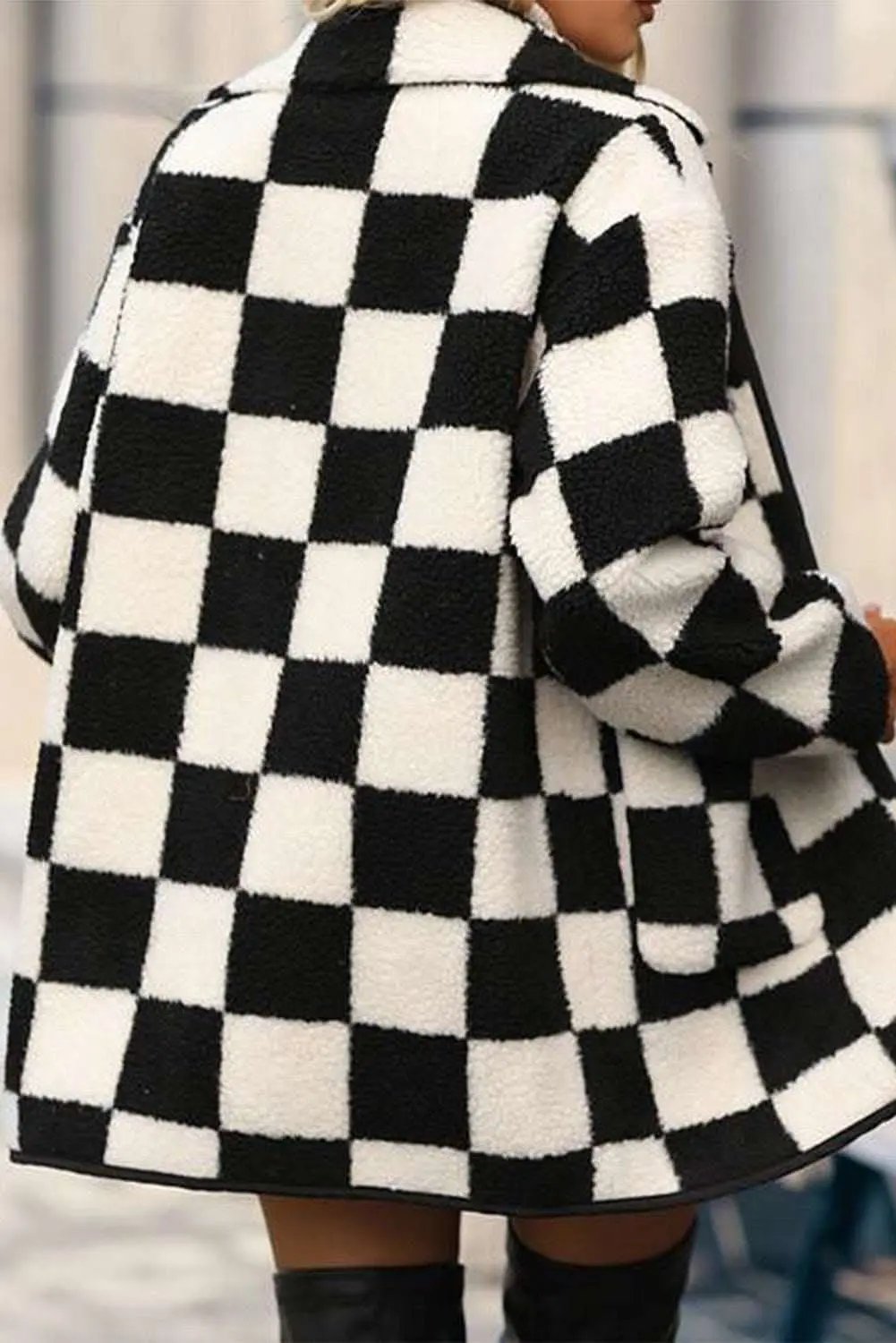 Women's Jacket - Black Checkered Fleece with Side Pockets - Casual Style