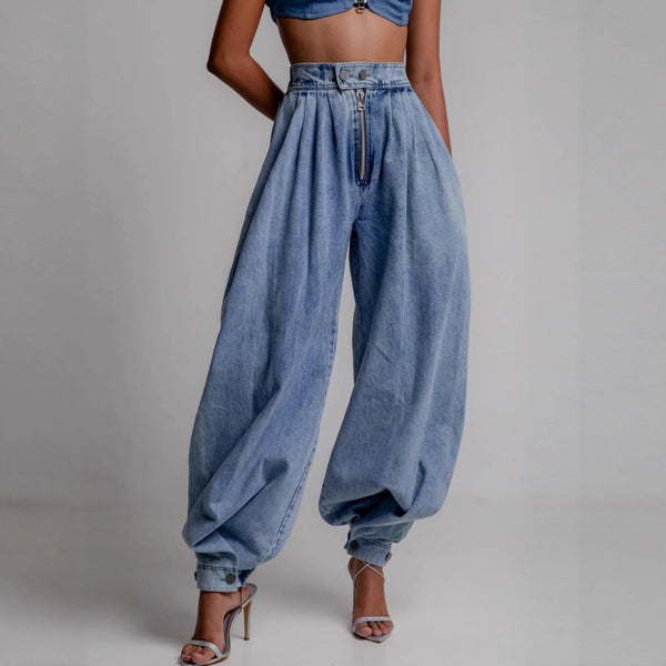 High Waisted Leg-Tie Jeans – Zipper Detail Button Closure Long Pants