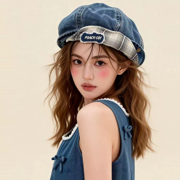 Double-Brim Turned-Up Denim Beret – Breathable Cotton Hat for Women