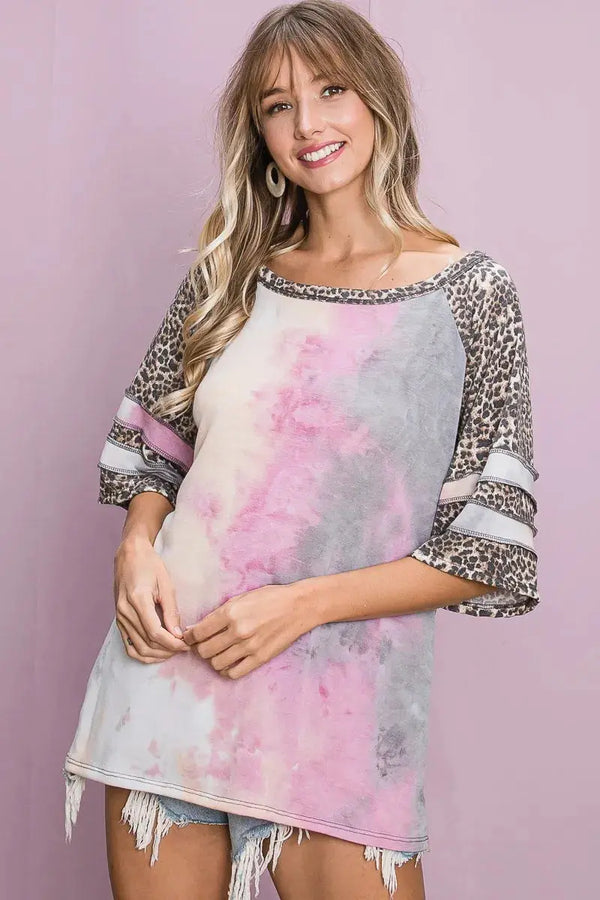 Women's T-Shirt - Tiedye Leopard Print - Casual French Terry Top