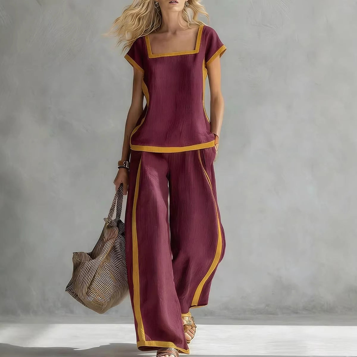 Square-Neck Three-Quarter Sleeve Loose Top & Pants Two-Piece Set