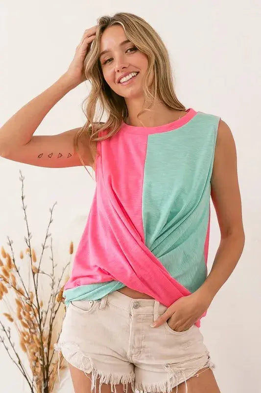 Women's Tank Top - Slub Terry Color Block Twisted - Casual