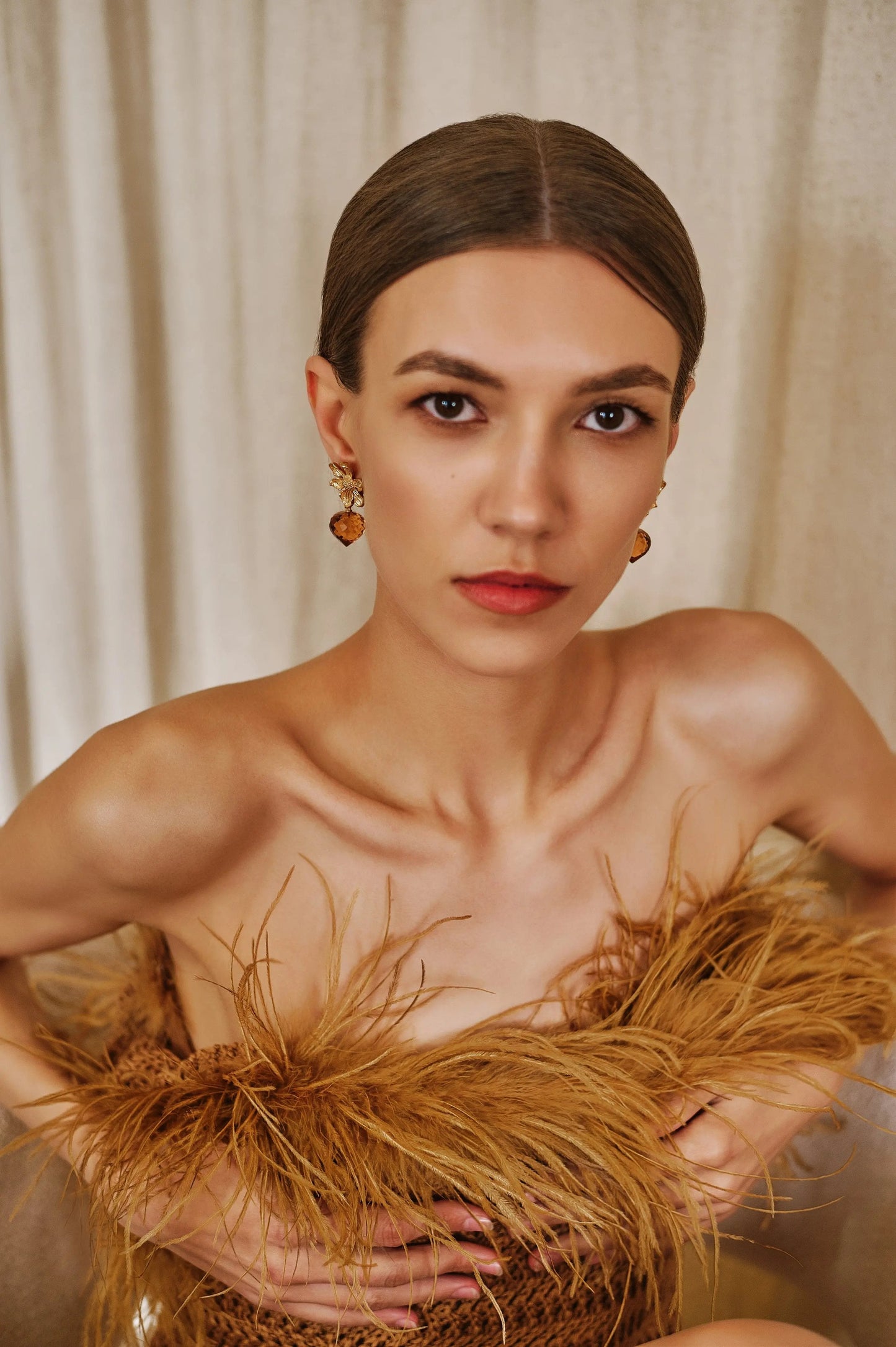 Dangle Earrings - Citrine Flower - Gold Plated Sterling Silver